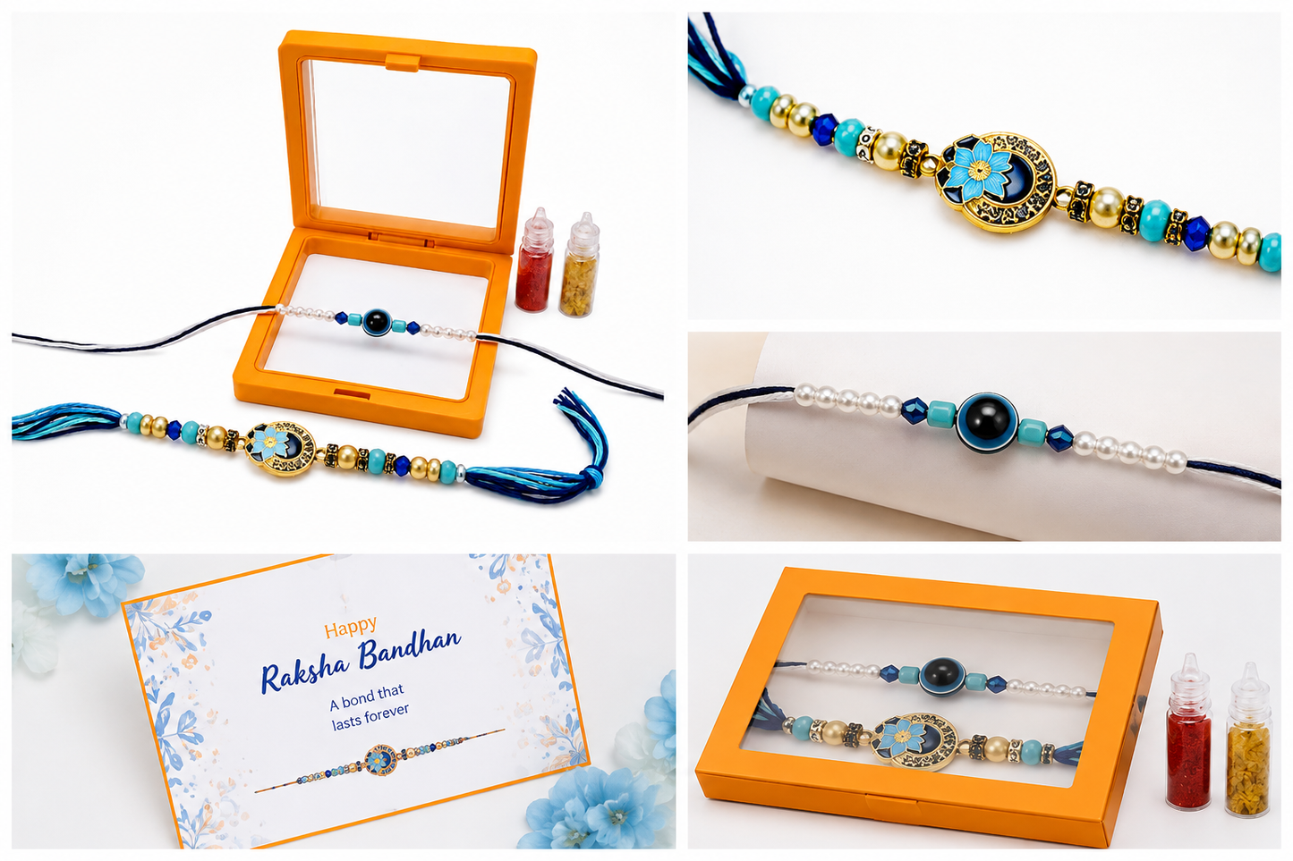 Premium Floral Diamond Rakhi Set | Pearl & Crystal Beads with Roli Chawal