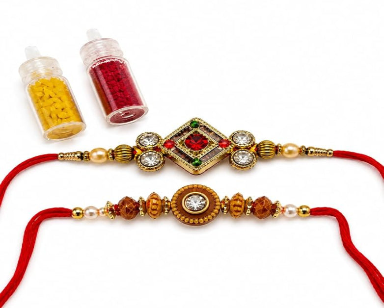 Premium Designer Rakhi Set of 2 | Floral Diamond Rakhi with Pearl & Crystal Beads | Includes Roli, Akshat