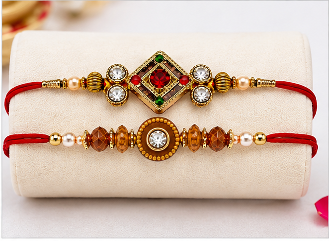 Premium Designer Rakhi Set of 2 | Floral Diamond Rakhi with Pearl & Crystal Beads | Includes Roli, Akshat