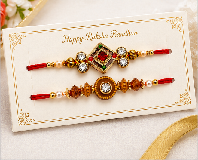 Premium Designer Rakhi Set of 2 | Floral Diamond Rakhi with Pearl & Crystal Beads | Includes Roli, Akshat