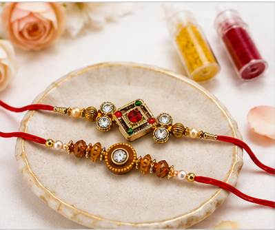 Premium Designer Rakhi Set of 2 | Floral Diamond Rakhi with Pearl & Crystal Beads | Includes Roli, Akshat