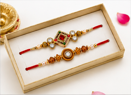 Premium Designer Rakhi Set of 2 | Floral Diamond Rakhi with Pearl & Crystal Beads | Includes Roli, Akshat