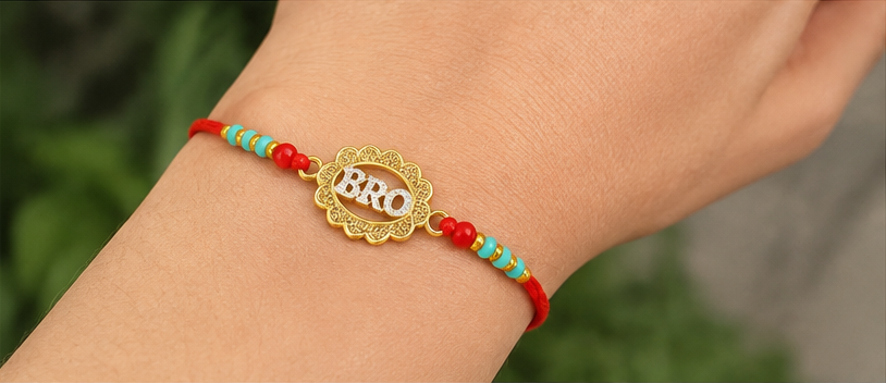 Golden BRO Designer Rakhi with Multicolor Beads BRO-RK-2605
