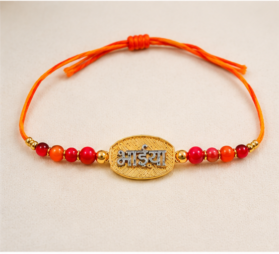 Designer Bhaiya Rakhi with Red & Orange Beads BHAIYA-RK-2702