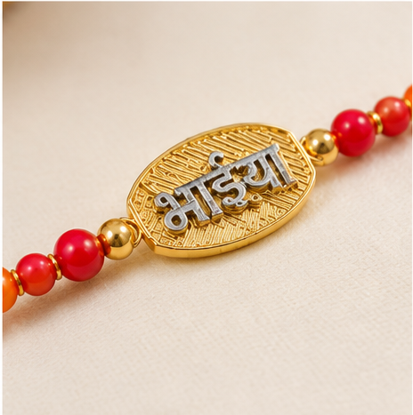 Designer Bhaiya Rakhi with Red & Orange Beads BHAIYA-RK-2702
