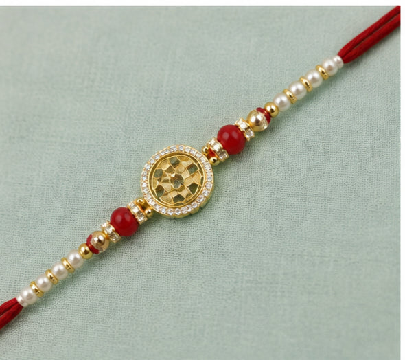 Royal Mandala Pearl Rakhi with Red Beads  RMP-RK-3001