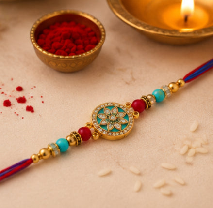 Designer Turquoise Floral Rakhi for Brother  RKH-DFT-2026-001