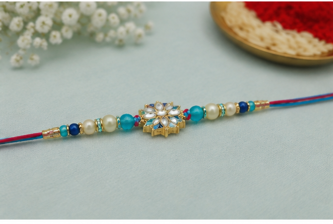 Blue Blossom Pearl Rakhi for Brother | Designer Floral Rakhi RKH-BBP-2026-005
