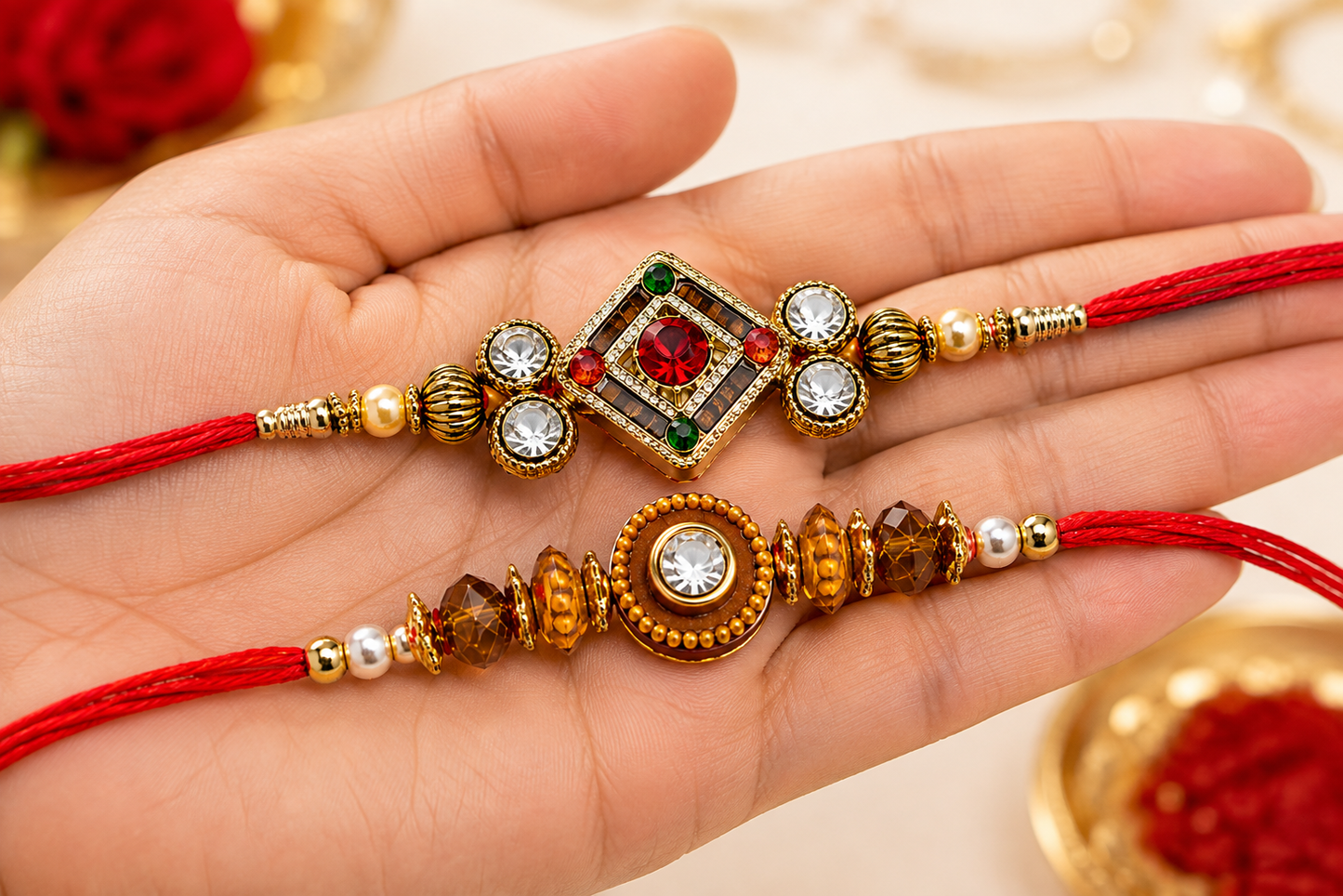Premium Designer Rakhi Set of 2 | Floral Diamond Rakhi with Pearl & Crystal Beads | Includes Roli, Akshat